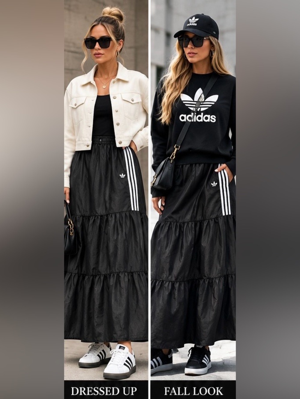 adidas Black Tiered Maxi Skirt with White 3-Stripe Detail